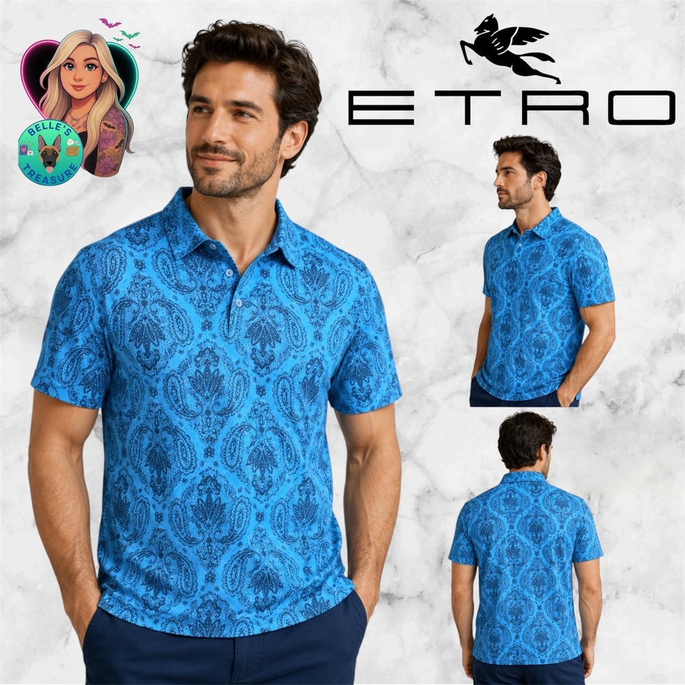 Etro Milano Mens Large Blue Paisley Damask Polo Shirt Made in Italy Slim Fit Top